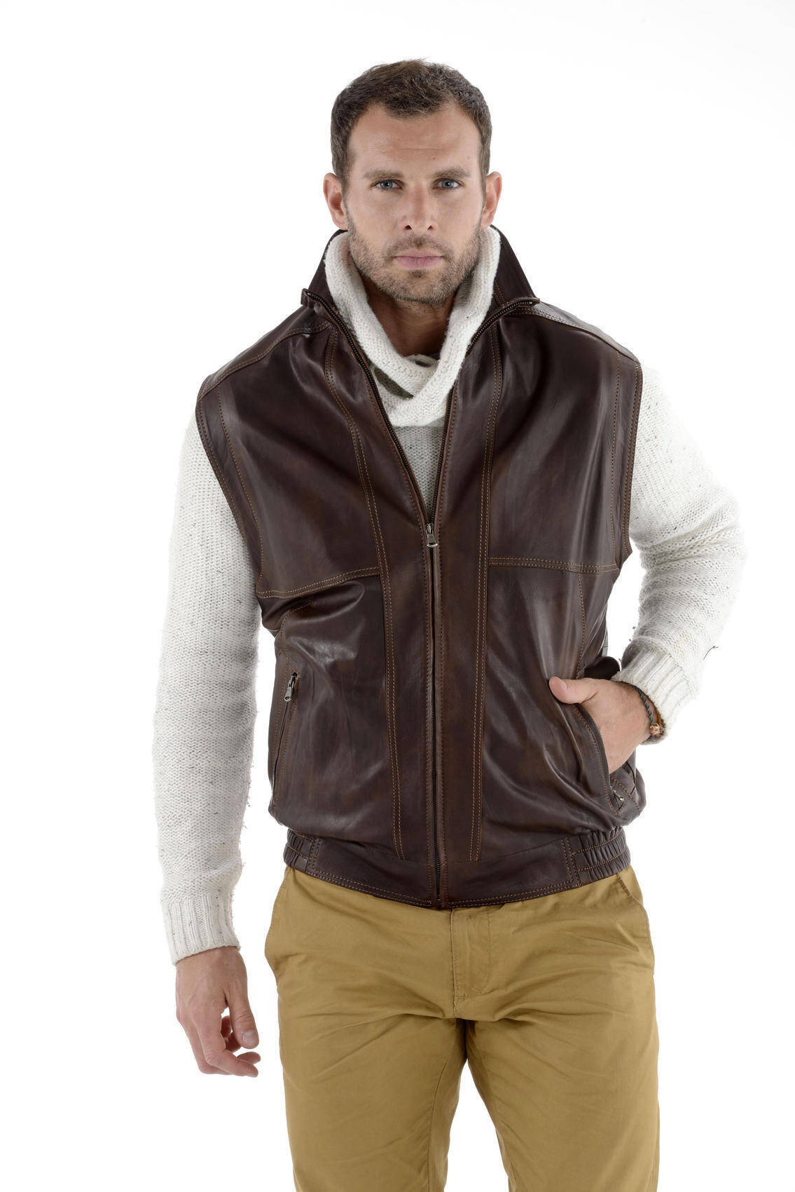 gilet sans manches 2010- gilet cuir homme marron boutique