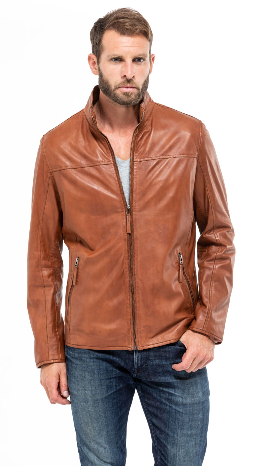 blouson cuir homme dellon agneau cognac classique mannequin (1)