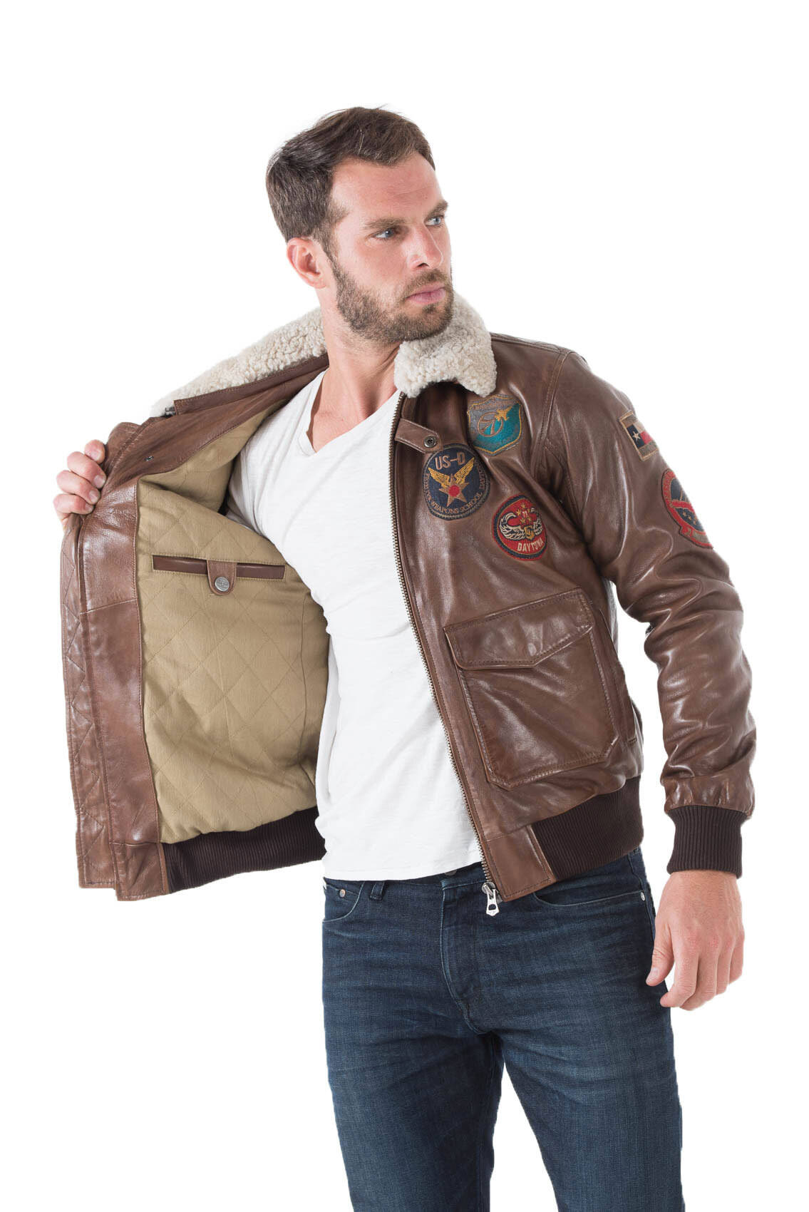 Blouson cuir homme marron MYTHIC 001577 esprit pilote aviateur col fourrure ecussons mode doublure