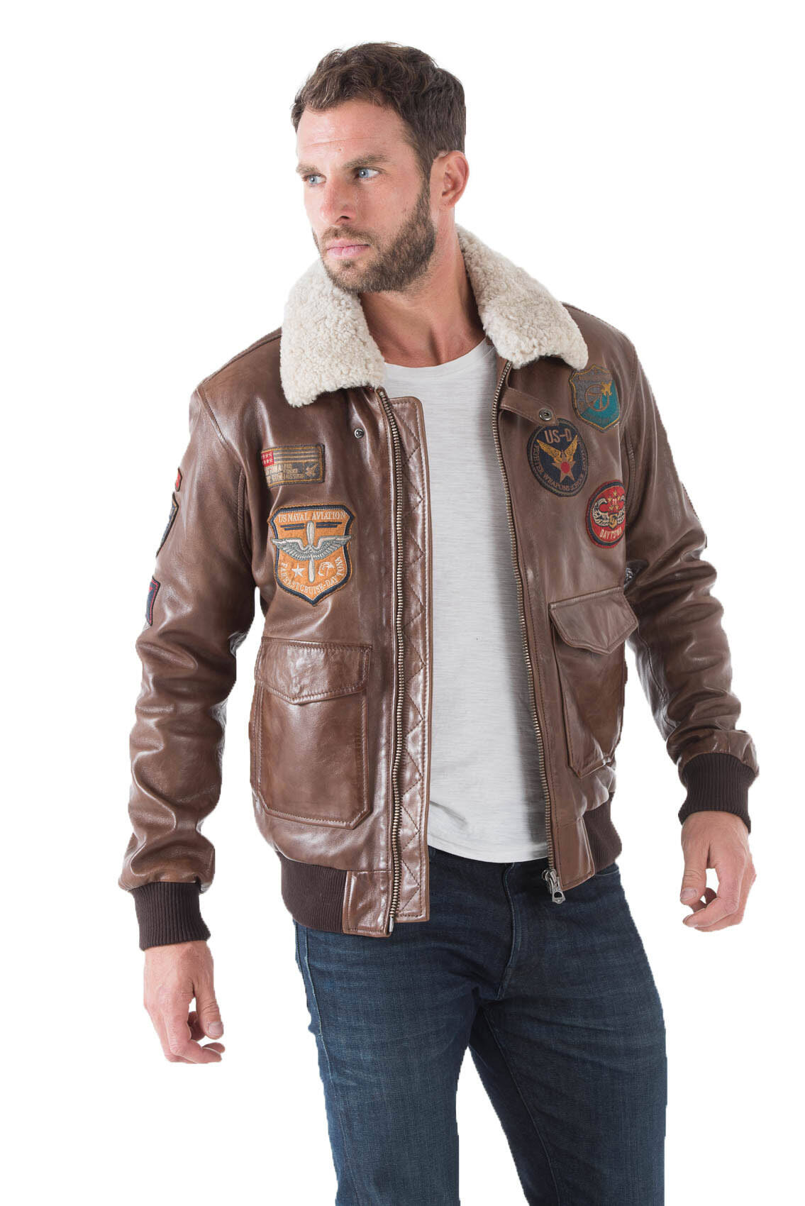 Blouson cuir homme marron MYTHIC 001577 esprit pilote aviateur col fourrure ecussons mode porté
