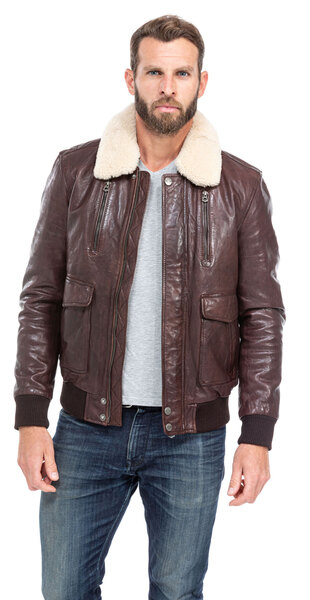 blouson cuir homme agneau marron fonce pilote 100756 col fourrure (2)