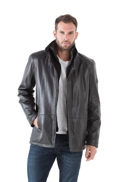 Veste cuir homme marron fonce 42526 classique élégant col chemise chaud hiver pose